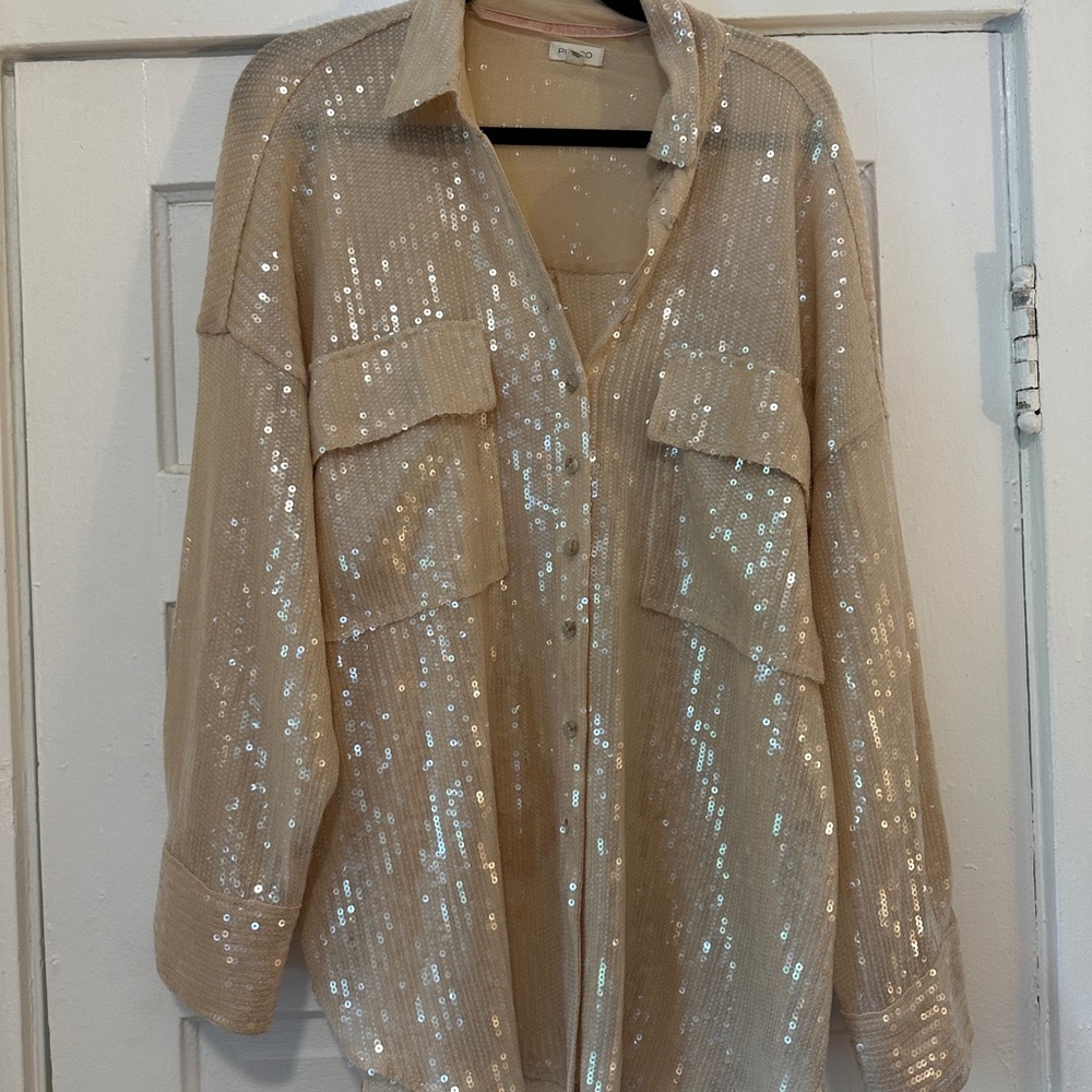 Pilcro Sequin Button Down Shirt in Ivory